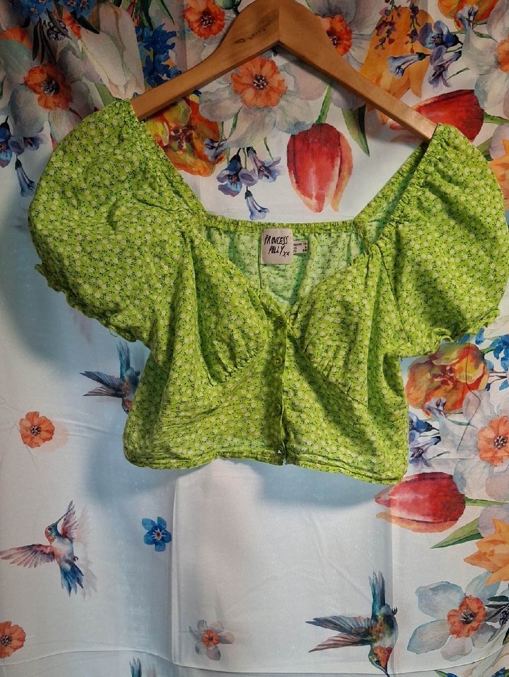 Princess Polly Bright Lime Green Floral Puff Sleeve Crop Top Size 6